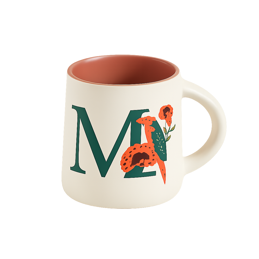 Monogram “M” Ceramic Mug – Floral Design Coffee Cup – Cream &